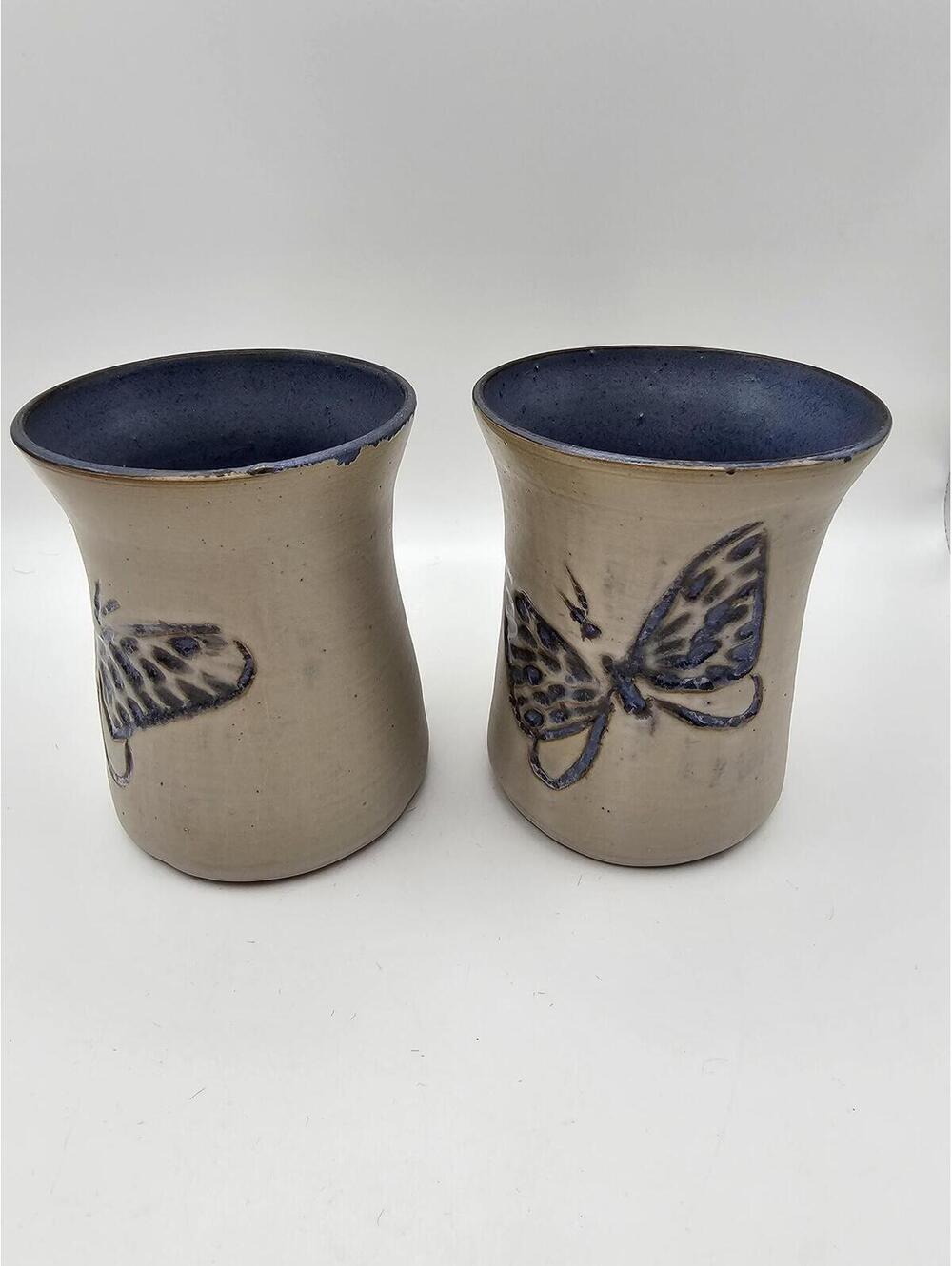 McWhirter Pottery Celo NC Butterfly Mug Set Signed North Carolina Studio Pottery - Picture 2 of 10